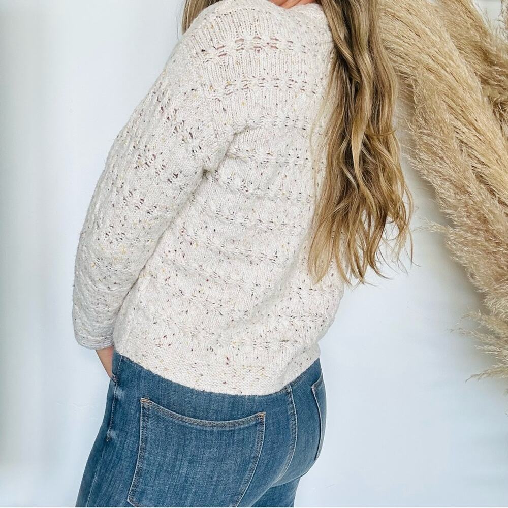 OLD NAVY White Multi Marled Chunky Knit Crew Neck Woven Crop Pullover Sweater S - Picture 2 of 8